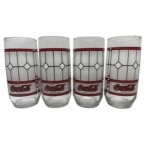 Vtg. Libbey Coca-Cola 6" Tiffany Style Frosted Stained Glass Glasses Set of 4